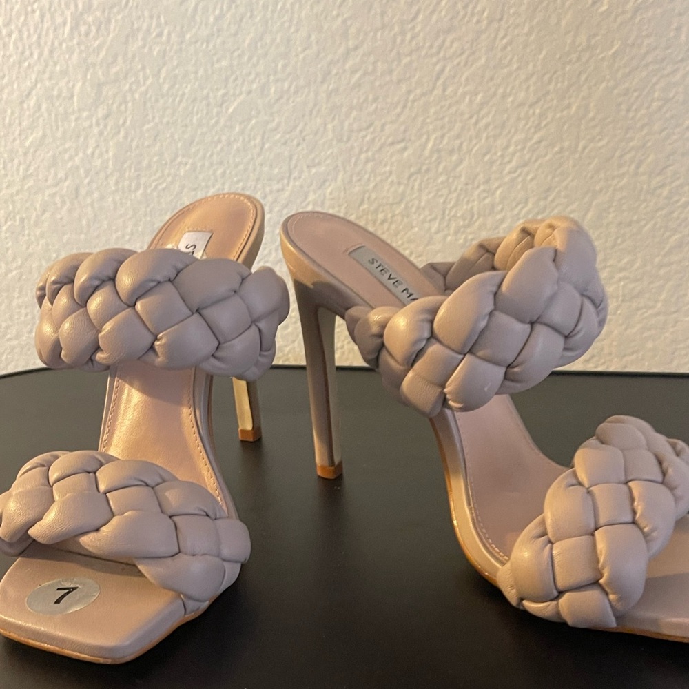Woven open toe slip on heels